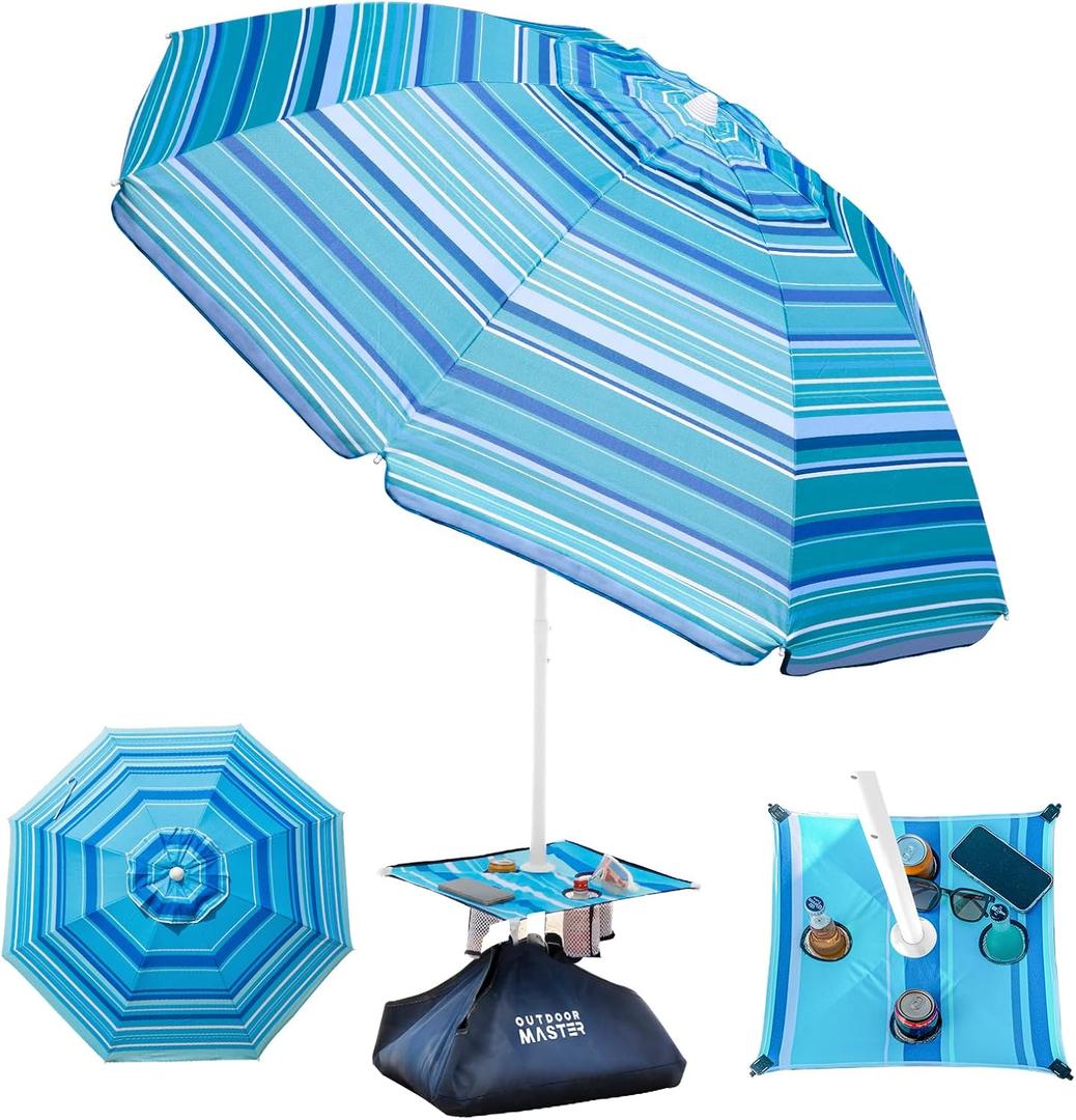 OutdoorMaster Beach Umbrellas with Sandbag & Anchor with 4 Cup Holder, 6.5ft Adjustable Umbrella for Beach Heavy Duty Wind, Portable UPF50+ Sunshade with Carry Bag for Patio,Light Blue With Cup Holder