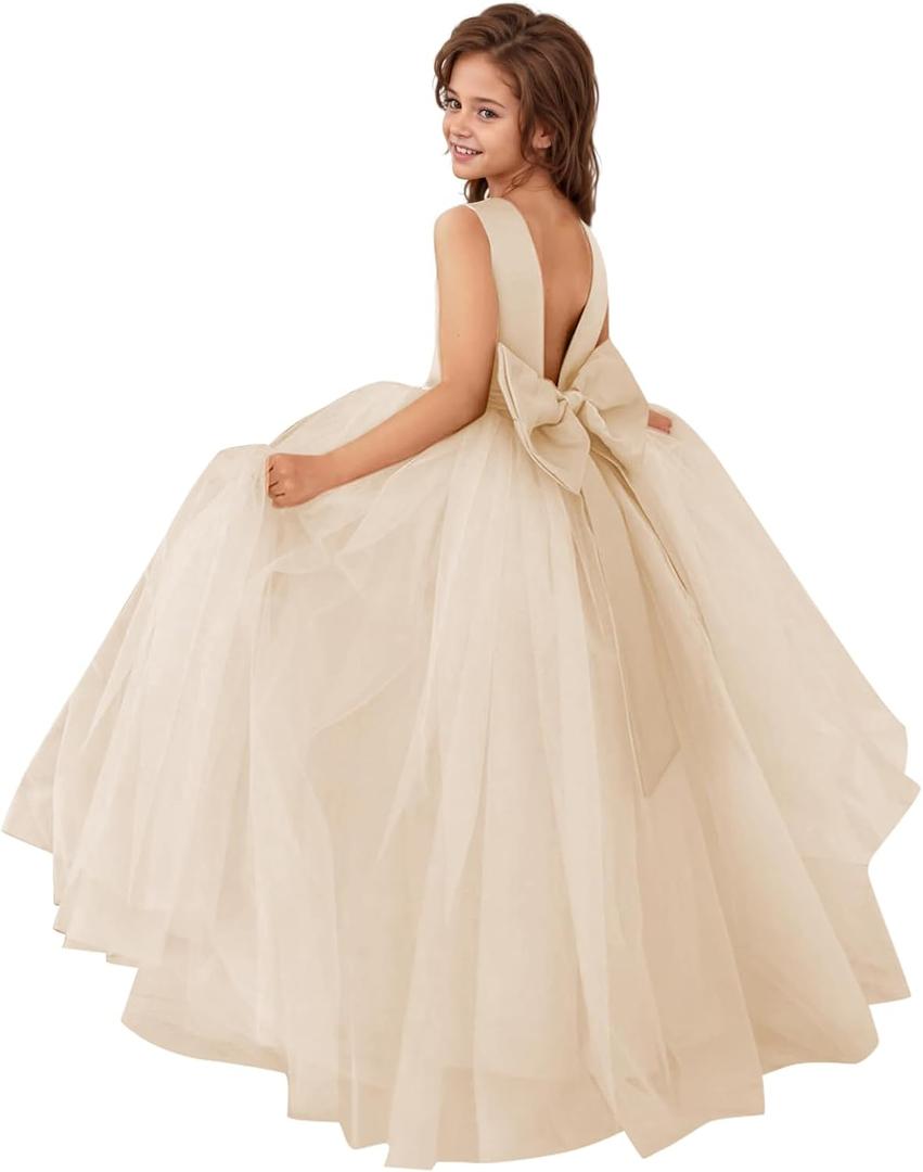 MCieloLuna Flower Girls Satin Tulle Princess Pageant Dress for Wedding Kids Pearls Prom Ball Gowns with Bow-Knot (12, Champagne)