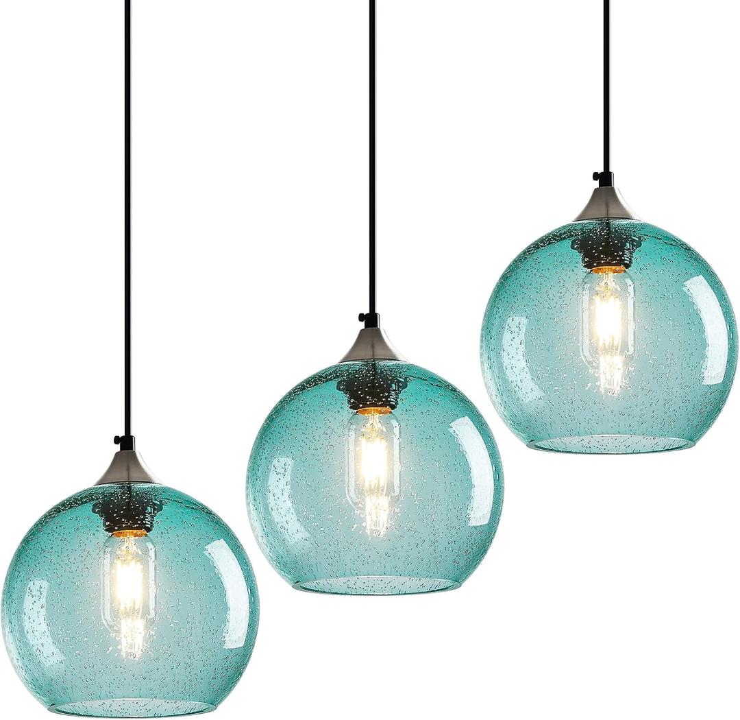 Light Blue Glass Pendant Lights Kitchen Island Lighting Globe Pendant Light Fixtures Modern Pendant Lighting for Bedroom Living Dining Room Light Fixture (7.87 in, 3 Pack) Light Blue Glass Pendant Lights Kitchen Island Lighting Globe Pendant Light Fixtures Modern Pendant Lighting for Bedroom Living Dining Room Light Fixture (7.87 in, 3 Pack)
