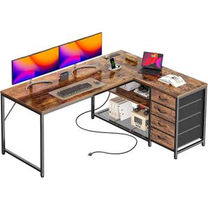 PRAISUN 53" L Shaped Desk with Power Outlets and USB-C Port, Reversible Computer Corner Office Desk with 4 Fabric Drawers and 2 Height-Adjustable Shelves, Large for Gaming Writing Study, Rustic Brown