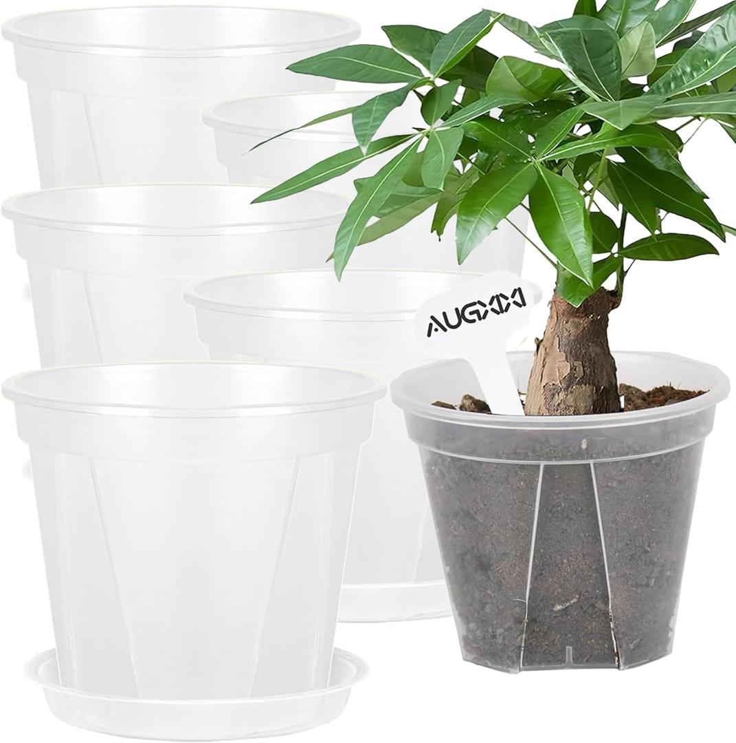 5 Sets 8 Inch Transparent Plastic Garden Pots Planter with Saucer Plant Planter Drainage Hole Plastic Pots for Plants Indoor and Out Door House Plants with 10pcs Plant Labels