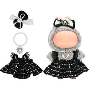Elegant Black-and-White Dress for 15cm/17cm Dolls - Strap Gown with Heart Pearl Necklace & Bow Headband/Fashion Doll Clothes Set, Accessories for Girl Doll/Perfect for Collectors, Gifts