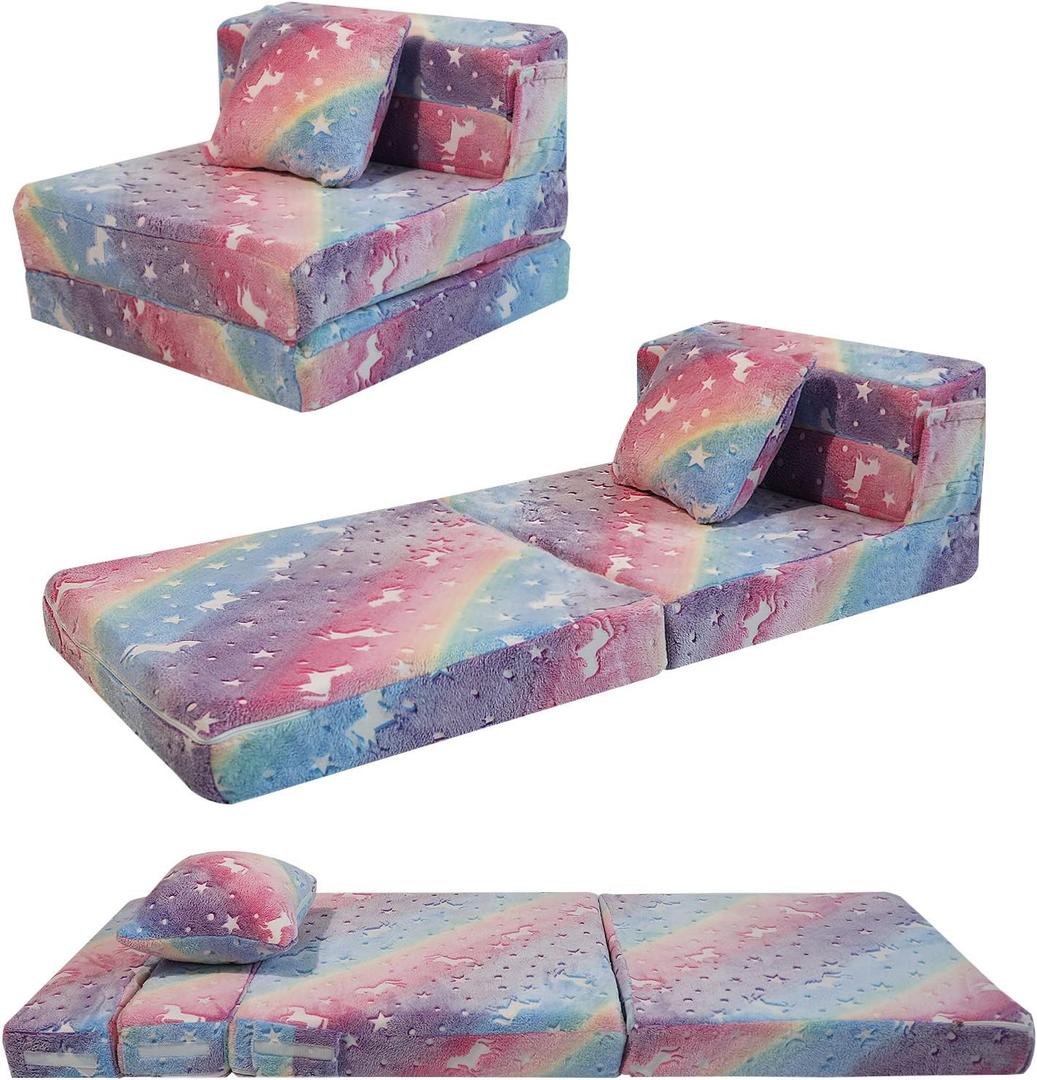 MeMoreCool Glow Rainbow Unicorn Tri-fold Sofa Bed for Kids, Foldable Futon Mattress, Chair, and Floor Couch for Playroom