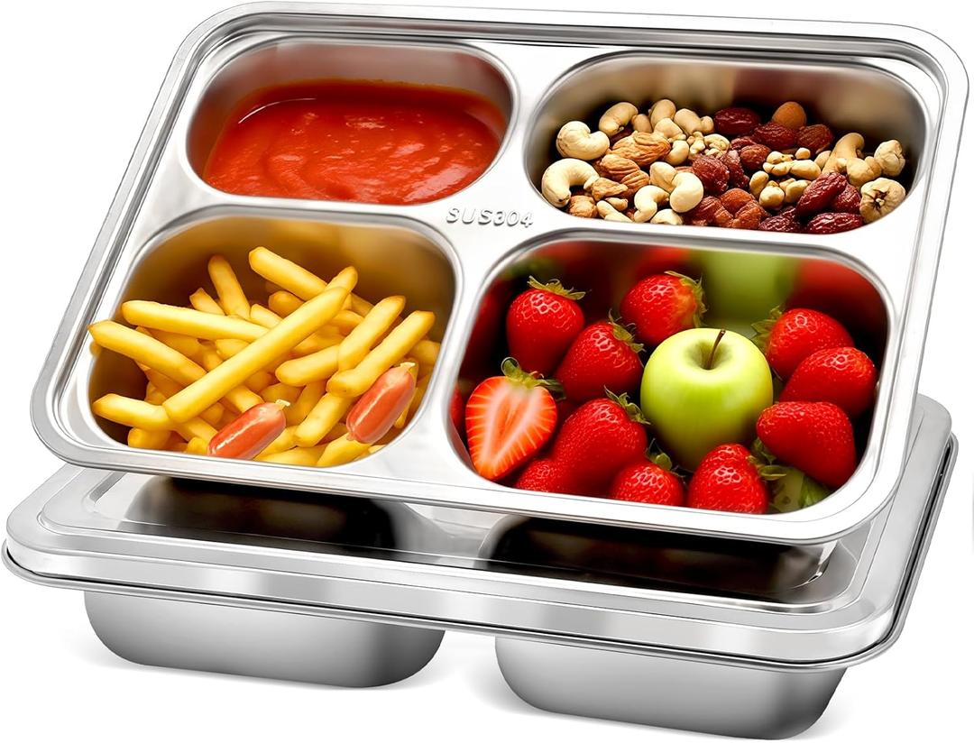Zkptops 2 Pack Stainless Steel Snack Containers with Lids Portion Control Divided Plate 4 Compartments Metal Food Tray Reusable Bento Snack Boxes for Adults Food Storage Container for School Home