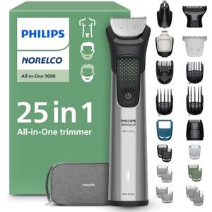 Norelco Philips All-in-One 9000 Series 25-Piece Trimmer - Electric Shaver and Clipper for Face, Beard, Head & Body, Self-Sharpening Full Metal Blades, 27 Length Settings (0.5-20 mm), MG9580/40 (Steel)