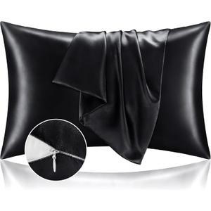 BEDELITE Satin Pillowcase with Zipper 2 Pack, Black Pillow Cases Standard Size, Super Soft and Cooling Similar to Silk Pillow Cases, Gift for Women Men(20x26 Inches)