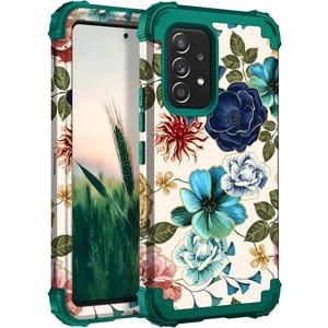 Hocase for Galaxy A53 5G Case, Heavy Duty Shockproof Protection Soft Silicone Rubber Bumper+Hard Plastic Hybrid Protective Case for Samsung Galaxy A53 5G (6.5" Display) 2022 - Teal Flowers