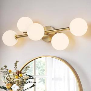 Bathroom Light Fixtures, Brushed Gold Bathroom Vanity Light Over Mirror with Milk White Glass Shades, Dimmable LED Wall Sconces for Hallway, Entryway, Living Room, Bedside, Staircase