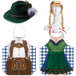 4 Pcs Oktoberfest Costume Couple Cooking Aprons German Hats Blond Wig Oktoberfest Dress (Green, Brown)
