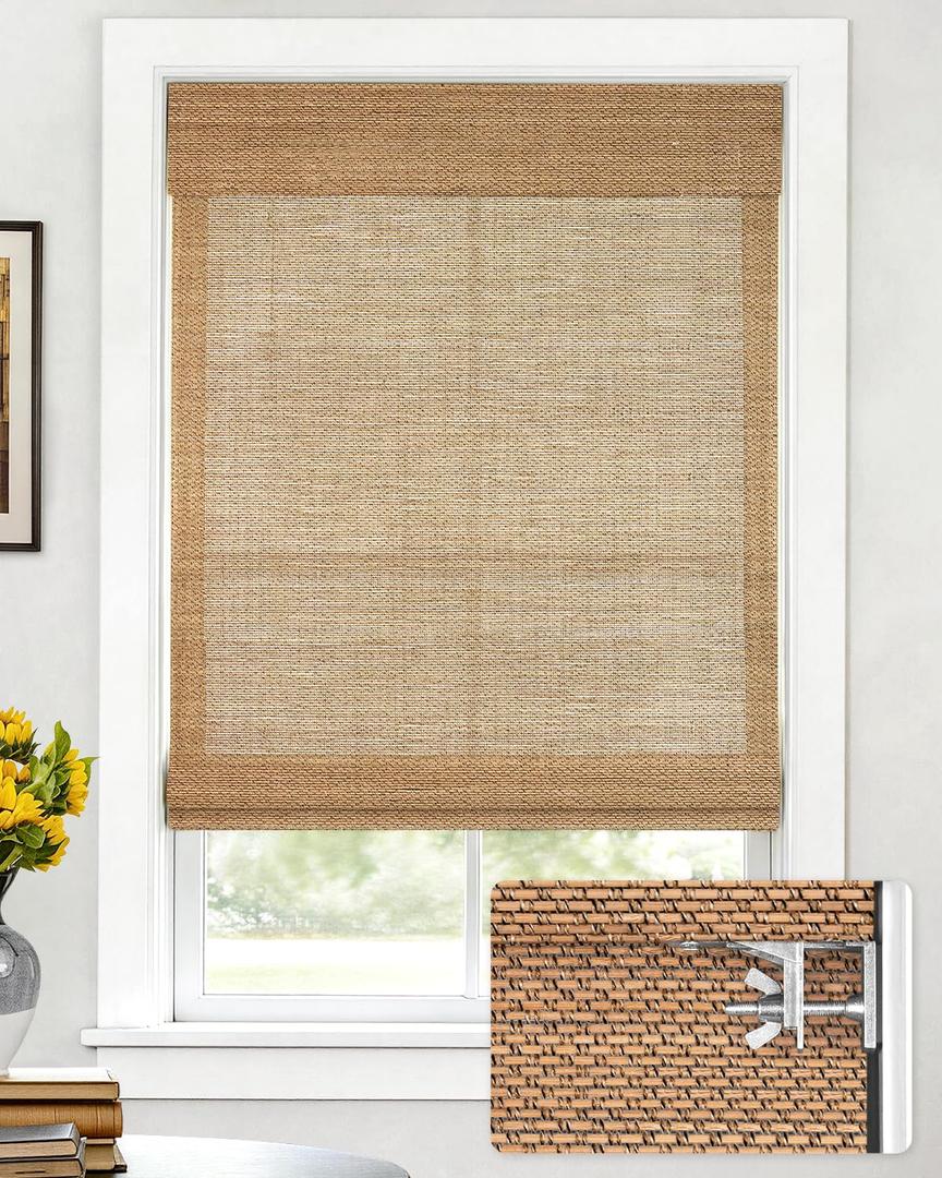 LazBlinds No Drill Bamboo Roman Shades, 35" W x 64" H, Star-Brown Light Filtering Blinds, Real Natural Bamboo Material, Easy to Install