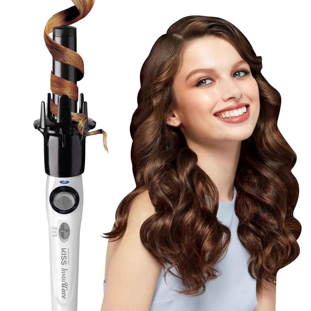 KISS Instawave Deluxe Automatic Rotating Curling Iron, Ceramic Ionic Technology, Tangle Prevention, 2-Way Rotation, Dual Heat Settings up to 420F, 1 Curling Wand, Black & White