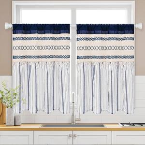 FRAMICS Farmhouse Linen Kitchen Curtains 36 Inch Length Blue Striped Short Curtain for Windows Boho Crochet Small Window Curtains for Kitchen Rod Pocket Tier Curtain for Bathroom, Cafe, 2 Panels