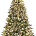 34.6 in Christmas Tree, Snow Flocked Artificial Xmas Tree with Warm White & Multi-Color Lights, Frosted Holiday Tree w/Pine Cones, Branch Tips Christmas Tree for Home Decoration Indoor Outdoor