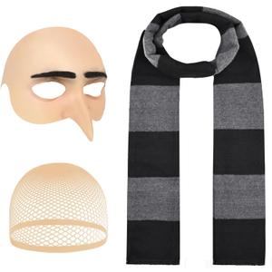 Waipfaru 3Pcs Halloween Costume for Adult, 2025 Bald Cap for Men Halloween Black Gray Striped Scarf and Mesh Wig Cap,Cosplay Classic Characters Party Set