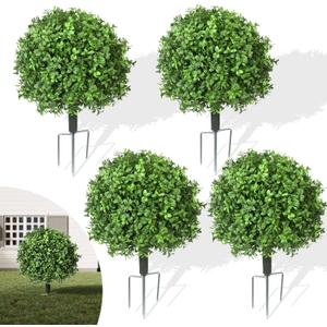 4 Pack Artificial Boxwood Panels with Spike,24" UV Resistant Faux Boxwood Balls for Outdoor Decor,Weatherproof Fake Shrubs for Front Porch Garden Yard Balcony