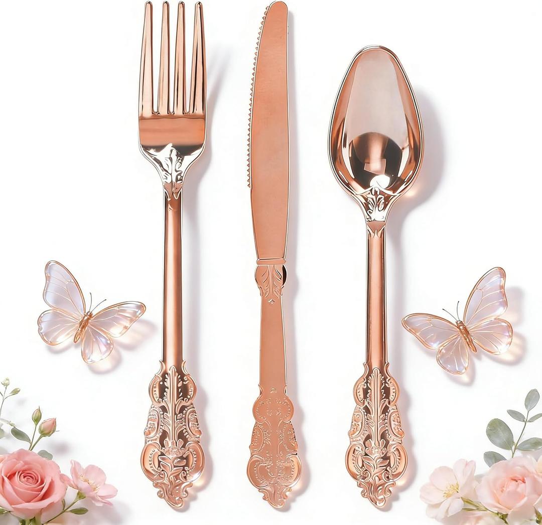WDF-300 Pieces Rose Gold Plastic Silverware- Disposable Flatware -Heavyweight Plastic Cutlery- Includes 100 Forks, 100 Spoons, 100 Knives for Wedding/Parties/Mother's Day