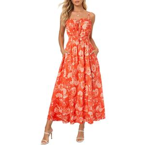 GRACE KARIN Womens Summer Clothes 2026 Boho Floral Maxi Long Dresses Spaghetti Straps Casual Beach Sundress with Pockets Orange Floral XL