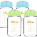 Matyz Glass Breastmilk Storage Containers, 4 Pack, 6 oz Bottle, Fit with Spectra Medela Avent Pump - Wide Mouth Breastmilk Collection and Storage Bottle with Lids - No BPA (2 Green & 2 Blue Lids)