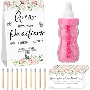 Roowest 512 Pcs Baby Shower Games Guess How Many Pacifiers Sign 100 Small Guessing Games 10 HB Pencils 750ml Milk Bottle 400 Acrylic Pacifiers Decoration for Guest Gender Reveal(Pink,Flower)