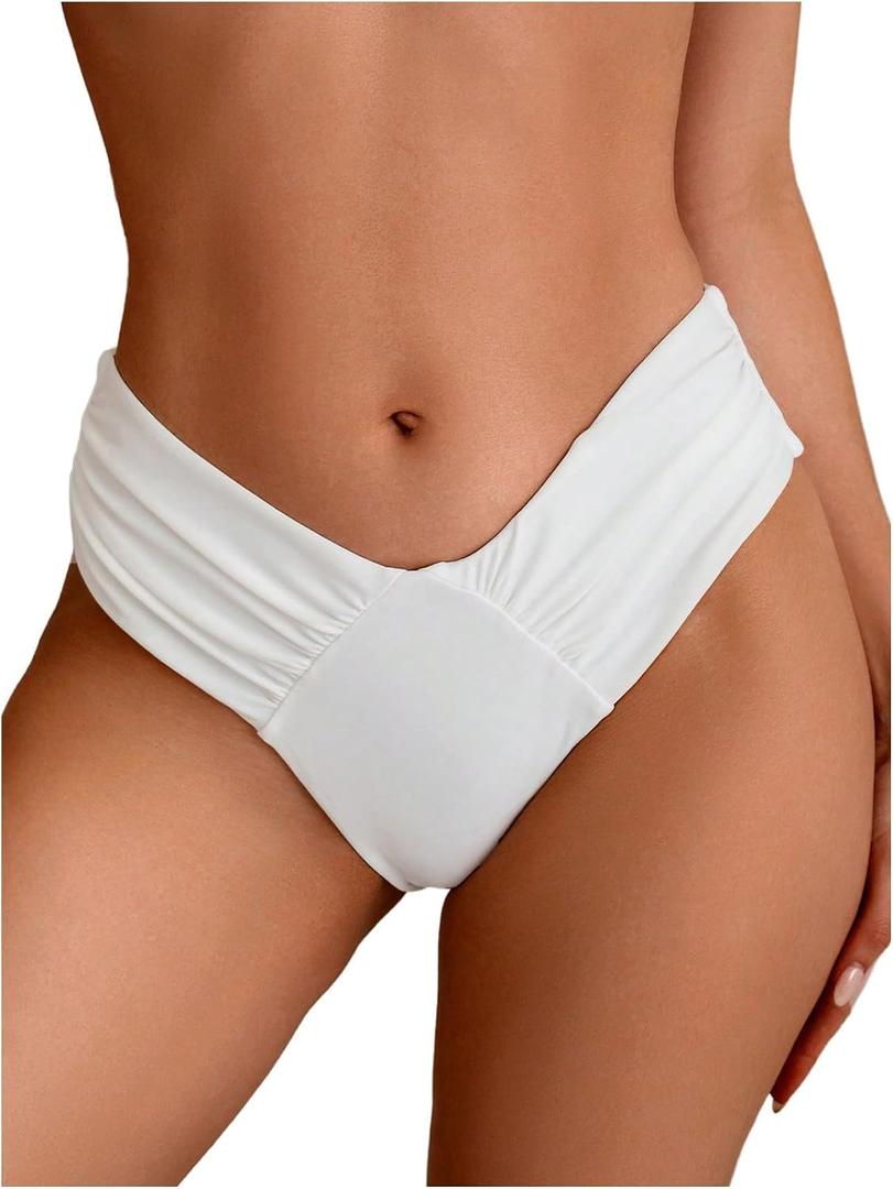 SHENHE Women's V Cut High Leg Ruched Mid Rise Bikini Bottom Swimwear Bathing Suit (White, L)