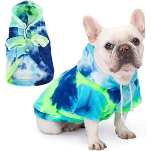 Dog Hoodie Tie Dye Dog Sweatshirt Chic Winter Clothes Ultra-Soft Warm Sweaters for Small Medium Dogs Fashion Pet Clothes for Dogs (Blue/Yellow/Green, XS (Back: 9.05",Chest: 13.77", Neck: 12.59"))