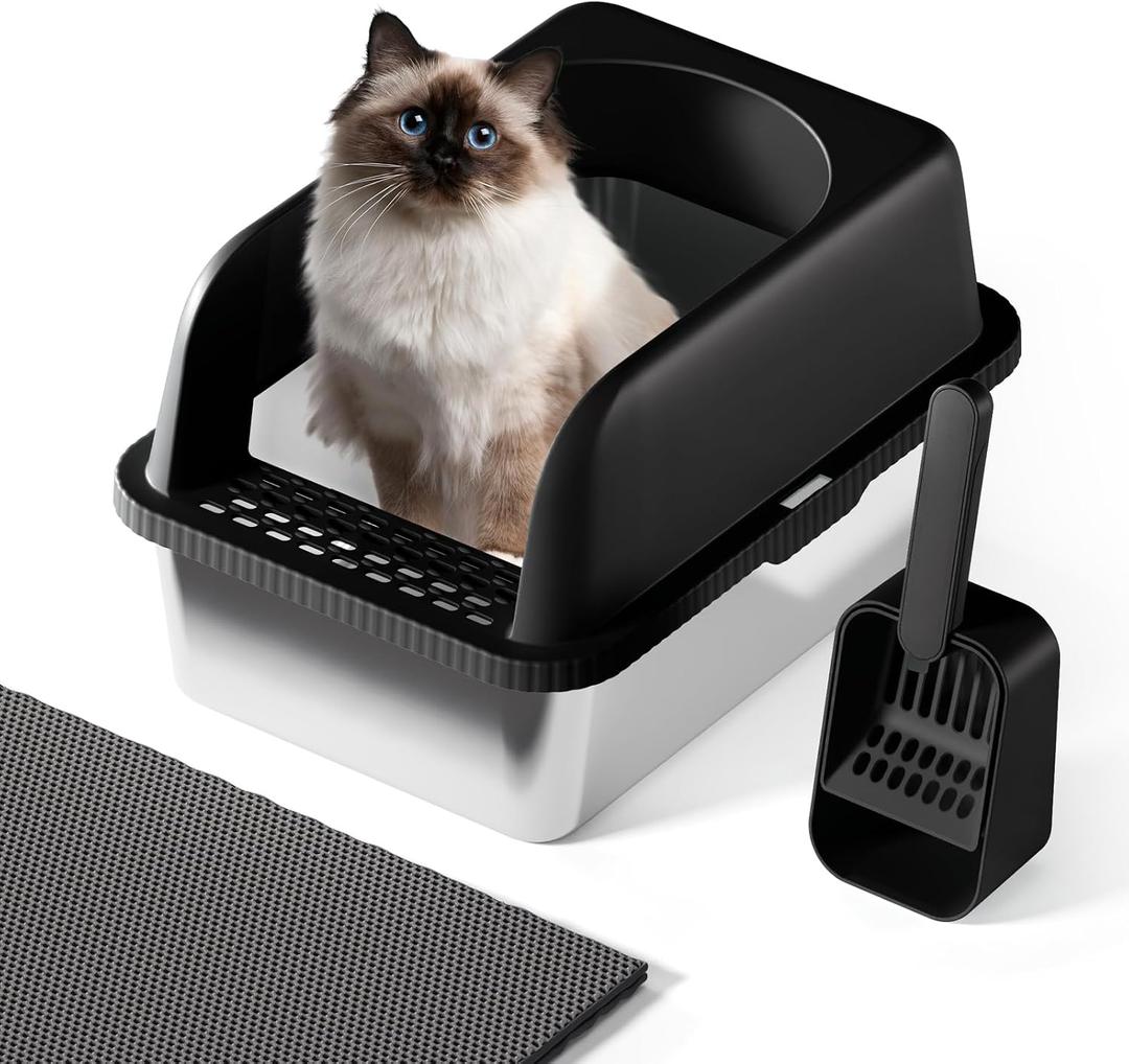 Stainless Steel Cat Litter Box with Lid, 20" L x 14.2" W x11.8 H, Large Cat Litter Box for Multiple Cats with High Sided, No-Leak & Stick, Easy to Clean, Includes Litter Mat & Multi Functional Scoop
