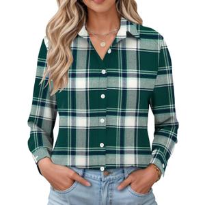 LOMON Womens Long Sleeve Button Down Shirts Casual Loose Fit Cotton Collared Blouses (Green, L)