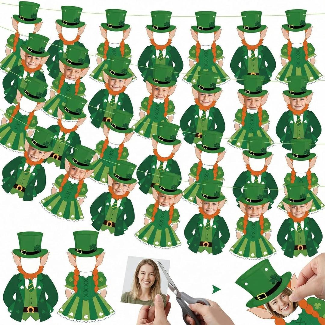 Frienda 4 Pack St. Patrick's Day Leprechaun Garland Decoration Leprechaun Custom DIY Face Cut Outs Banner St. Patrick's Day Party Decor Suit and Dress 40 Pcs Face Cut Out Banner Gift for DIY Craft