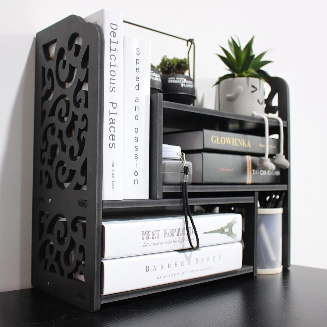 YGYQZ Small Bookshelf for Desktop Storage, Mini Cute Office Desk Shelves White Versatility Organizers for Women, Kids, Black Cloud 