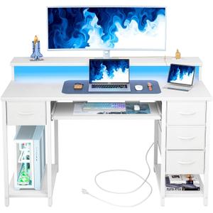 TIQLAB Computer Desk with Drawers and Power Outlets, 47 Inch Gaming Desk with LED Lights, Home Office Desk with Monitor Stand and Keyboard Tray, Study Writing Work Desk for Home Office, White