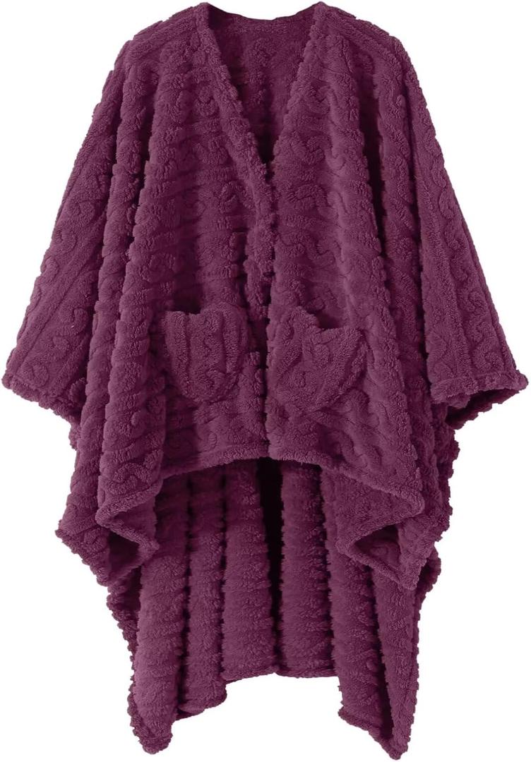 Wearable Blanket Poncho Cape Wrap for Adult, Cozy Sherpa Fleece Pocketed Shawl TV Throw Blankets for Office and Lounge(Purple,58'' x 64'')