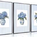 3Pcs Blue Hydrangea Chinoiserie Wall Art Blue and White Stripe Vase Wall Decor Pictures Trendy Preppy Aesthetics Floral Posters Prints for Dorm Apartment Woman Bedroom Decoration Unframed 16x24in