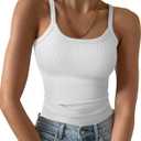 Ribbed Tank Tops for Women 2025 Spaghetti Strap Scoop Neck Slim Fitted Basic Sleeveless Casual Workout Cami Shirts (Small, A-short White)