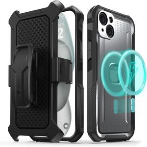 VENA vArmor Rugged Case for Apple iPhone 15 Plus (6.7"), (Military Grade Drop Protection/Armor) Magsafe Compatible and Heavy Duty Holster Belt Clip Cover with Kickstand - Graphite Gray/Black