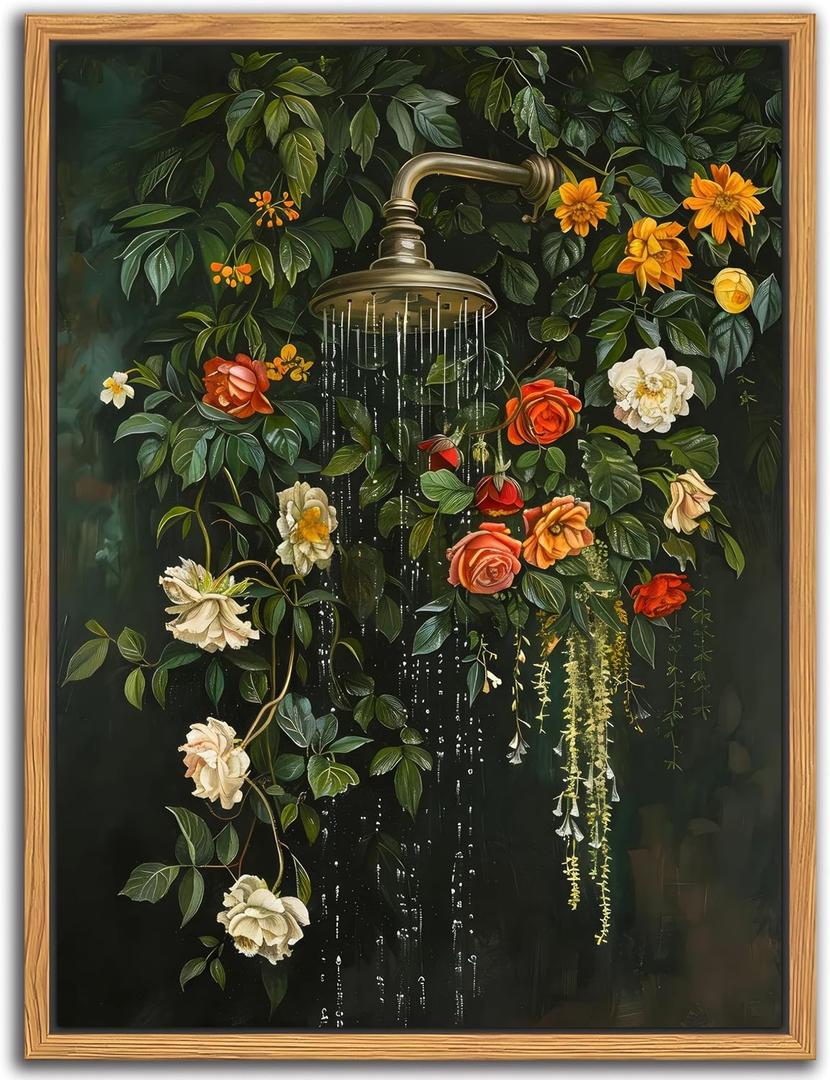 Floating Framed Floral Shower Wall Art, Vintage Botanical Flower Canvas Print, Romantic Garden Roses and Waterfall Painting, Nature Inspired Bathroom Wall Decor for Home Living Room 16x24 inch