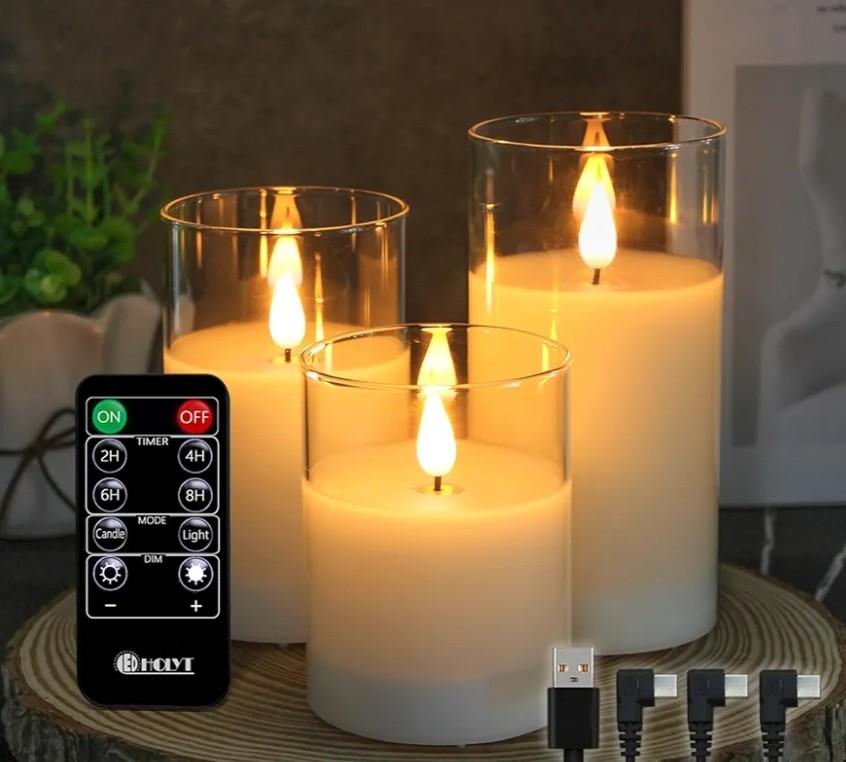 Rechargeable Flameless Glass Pillar Candles–Easter Flameless Candles Decorations,–Set of 3, Realistic Flickering LED Light,Remote & Timer, Ideal for Living Room, Bedroom & Easter Décor