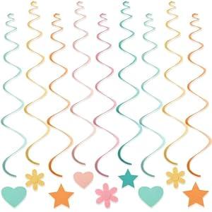 Breling 72 Pcs Felt Hanging Swirl Decorations Ceiling Hanging Swirl Streamer Flowers Stars Hearts Spiral Decor Garland for Baby Shower Birthday Wedding Party Classroom Supplies(Macaron Color)