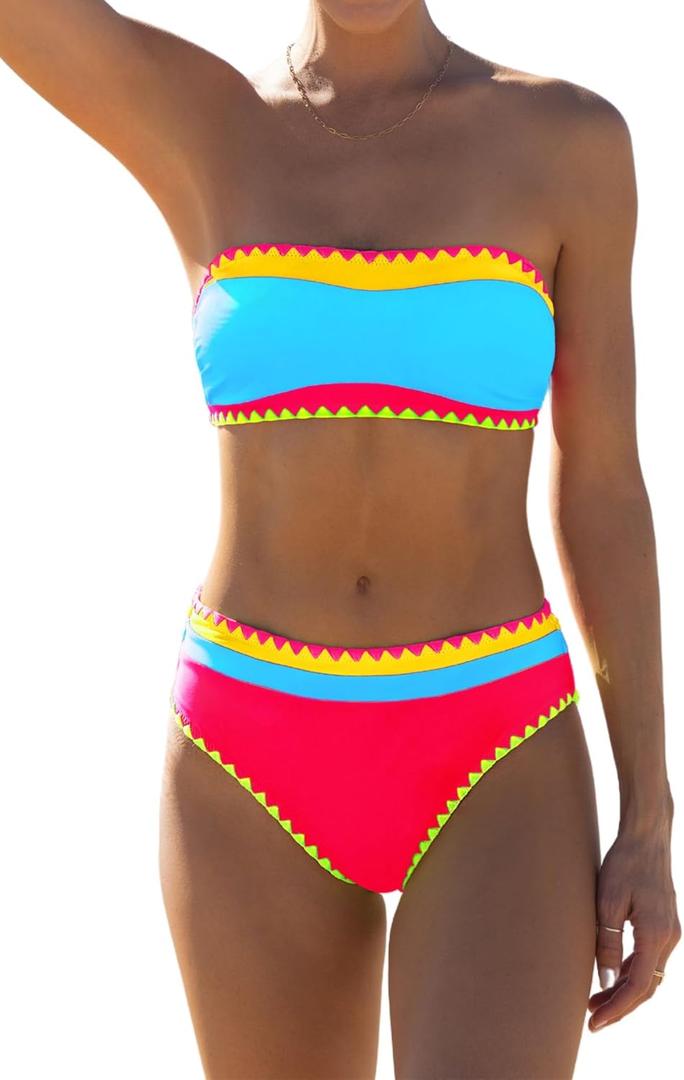 popvil Women's Strapless Bikini Sets Neon Color Block Bandeau Swimsuits Two Piece Bathing Suits for Beach Vacation 2025 (Medium, Blue) popvil Women's Strapless Bikini Sets Neon Color Block Bandeau Swimsuits Two Piece Bathing Suits for Beach Vacation 2025 (Medium, Blue)