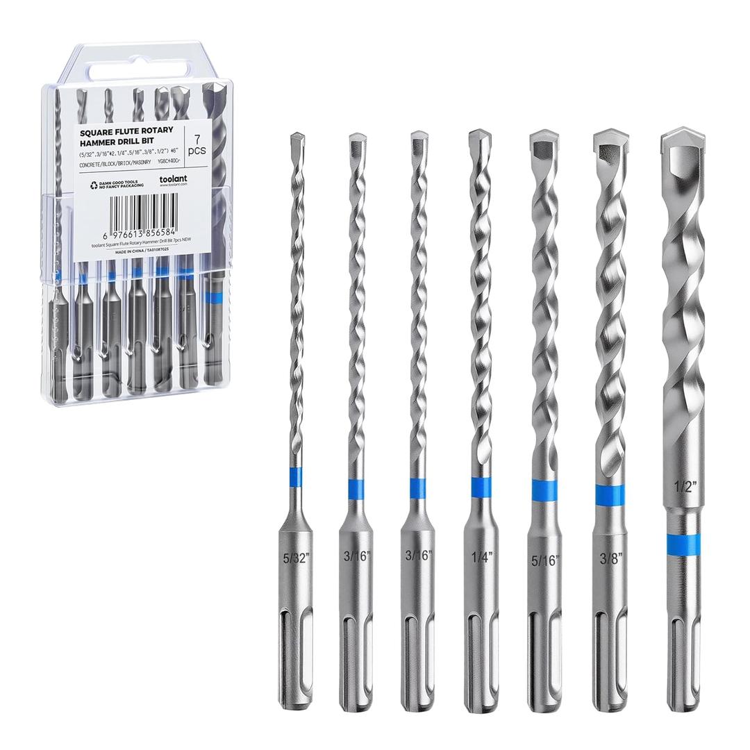 toolant Masonry Drill Bit,SDS Plus Rotary Hammer Drill Bits Set Assorted Set 7pcs(5/32"-1/2") 6inch,Carbide Tipped 2-Cutter for Concrete,Masonry and Brick