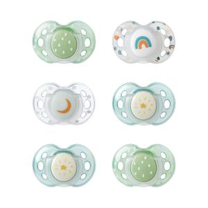 Tommee Tippee Night Time Pacifier, 18-36 Months, Symmetrical Silicone Baglet, BPA-Free Binkies, Glow in The Dark Technology, Green Rainbow, Pack of 6 (Pink Pastels)