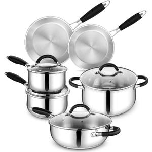 E-far Stainless Steel Cookware Set - Induction Tri-Ply Base Pots and Pans, 10-Piece Non-Toxic Kitchen Cooking Set w/Stay-Cool Handle, Frying Pans, Saucepans, Stockpot with lid, Oven & Dishwasher Safe