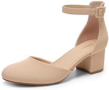 DREAM PAIRS Women's Closed Round Toe Low Block Heels Ankle Strap Chunky Heel Pumps Dress Wedding Office Party Shoes, Size 7, Beige