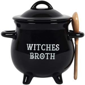 Ebros Ceramic Wicca Hocus Pocus Witch Black Cauldron Magical Witches Broth Dipping Or Condiment Bowl Or As Large Mug 18oz With Broom Spoon Serveware Set Halloween Party Hosting Accent