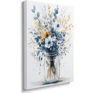 Framed Navy Blue Prints Vintage Daisy Floral Picture Wall Decor Gift Modern Poster Retro Simple Rustic Flower Canvas Wall Art Wildflower Painting for Living Room Bathroom Artwork (16"x24")