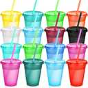 Sieral Cups with Straws and Lids Kids Tumbler with Straw Reusable Water Bottle Iced Coffee Travel Mug Adults Plastic Cups for Parties 16 oz(Bright Colors,15 Pack)