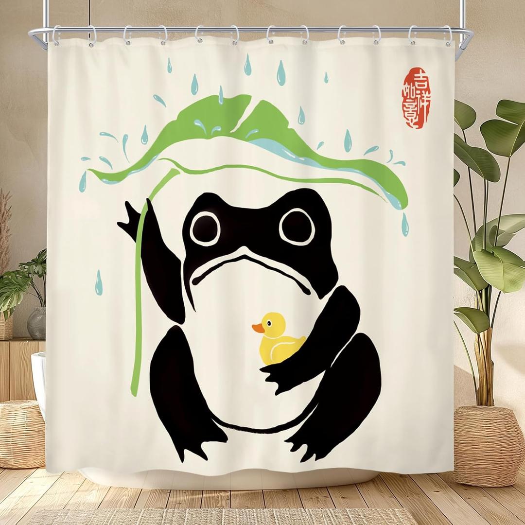 LGhtyro Funny Frog Shower Curtain Bathroom Set 71Wx78H Inches Asian Duck Traditional Art Japanese Cute Animal Taking Lotus Leaf Rain Bath Accessories Black Green Art Home Decor Fabric 12 Pack Hooks