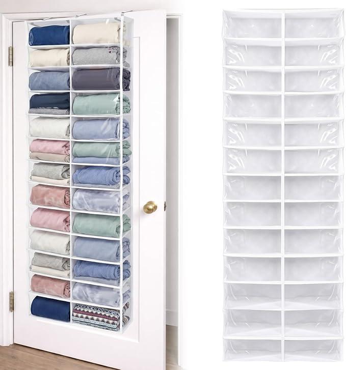 Maasechs Over The Door Hoodie Organizer 26 Pocket Organizer, White | Clear Sweatshirt Organizer, 3 Hooks, Hanging Sweatshirt Hoodie Rack Holder, Cabinet Behind Door, Dormitory Bedroom Closet