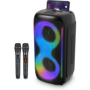 GKD40 Portable Karaoke Machine for Kids & Adults, Bluetooth Speaker with PA System, 2 Wireless Rechargeable Microphones, LED Party Speaker with 4' Woofers & LED Light for Home, Outdoor Party & Singing