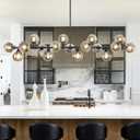 Modern Linear Chandelier Large Linear Chandeliers for Dining Room Black Dining Room Light Fixtures Over Table with Smoke Gray Open Glass 17 Lights Globe Glass Chandelier for Kitchen Island 75 Inch ETL