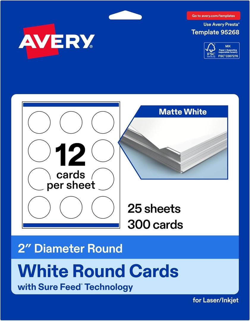 Avery Printable Round Cards, Sure Feed Technology, 2" Diameter, Matte White Cardstock, Print-to-the-Edge, Laser/Inkjet Cards, 300 Total